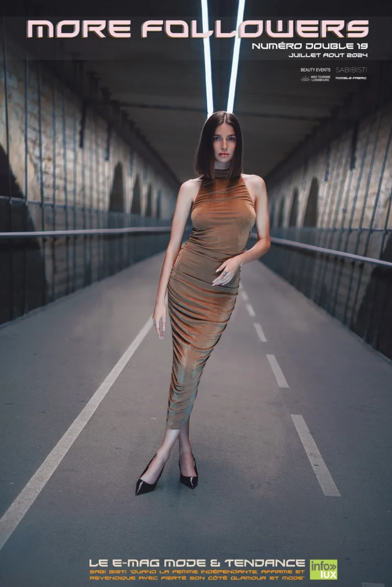 Cover des E-Magazins More Followers: orangefarbenes Kleid, in einem Tunnel