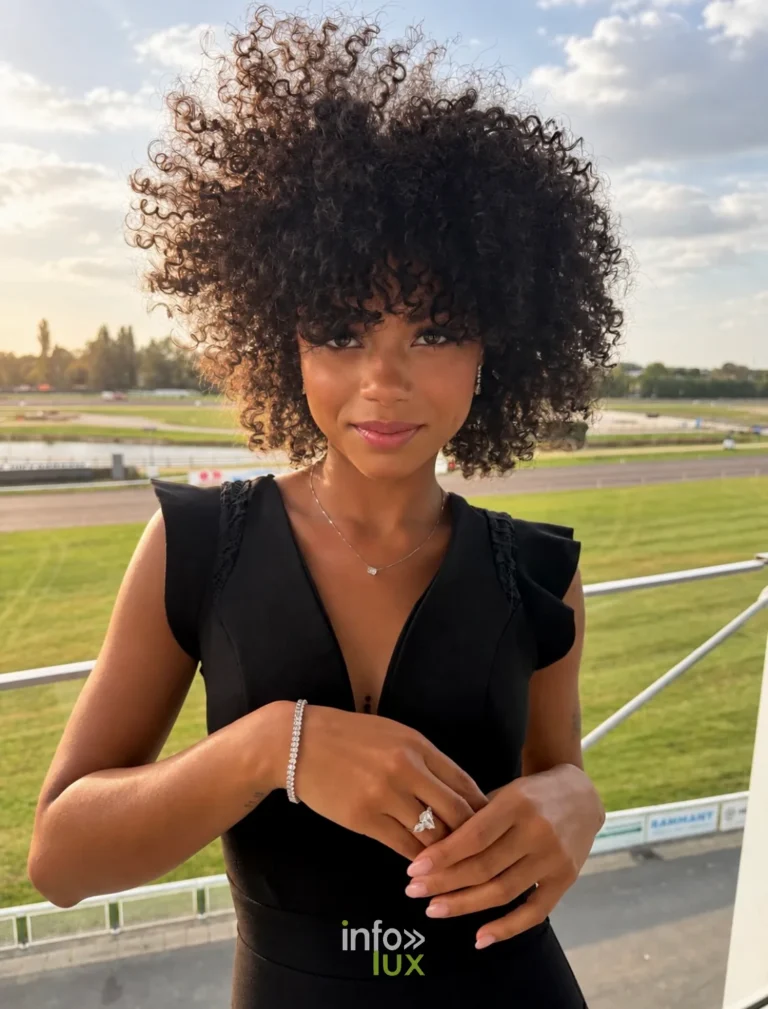 Alizée, Miss Liège 2027, en robe noire, en extérieur